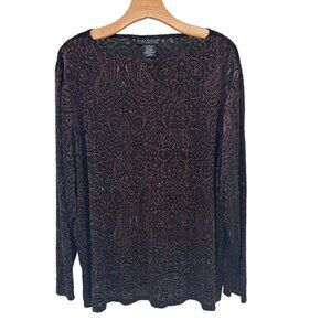 Dialogue Womens Long Sleeve Paisley velvet burnout top shirt size 2X plus Brown